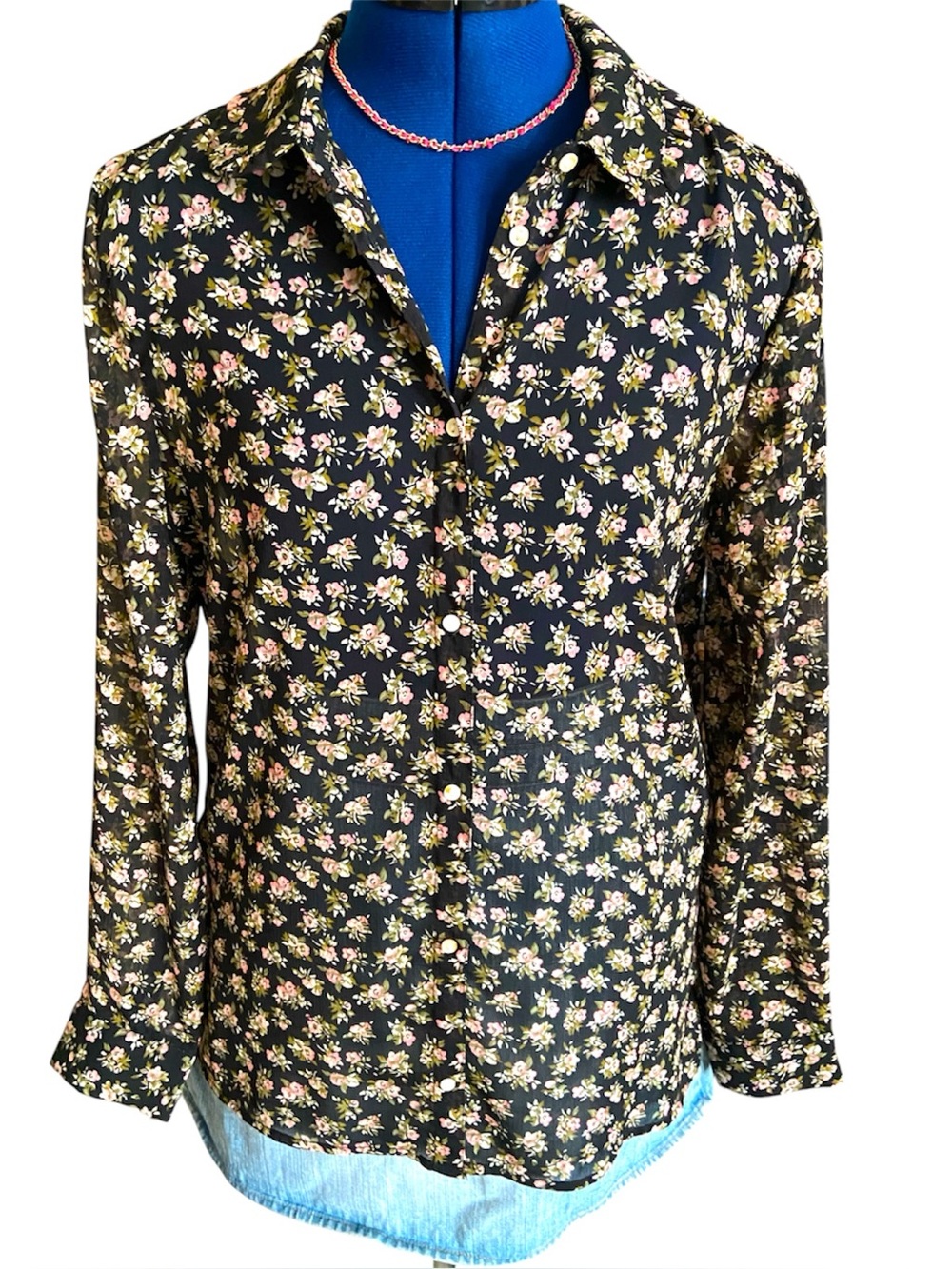 H&M Sheer Floral Black and Pink Button Up Blouse with Ruffle Collar